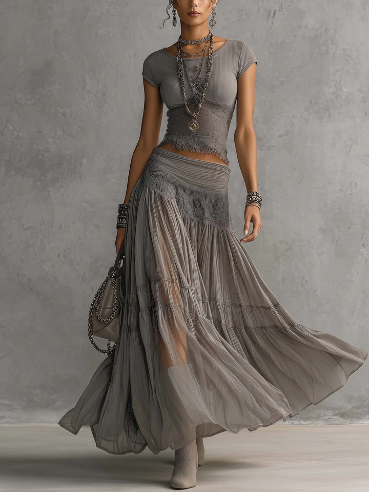 Vesper | Lace-Paneled Top &amp; Pleated Maxi Skirt Set