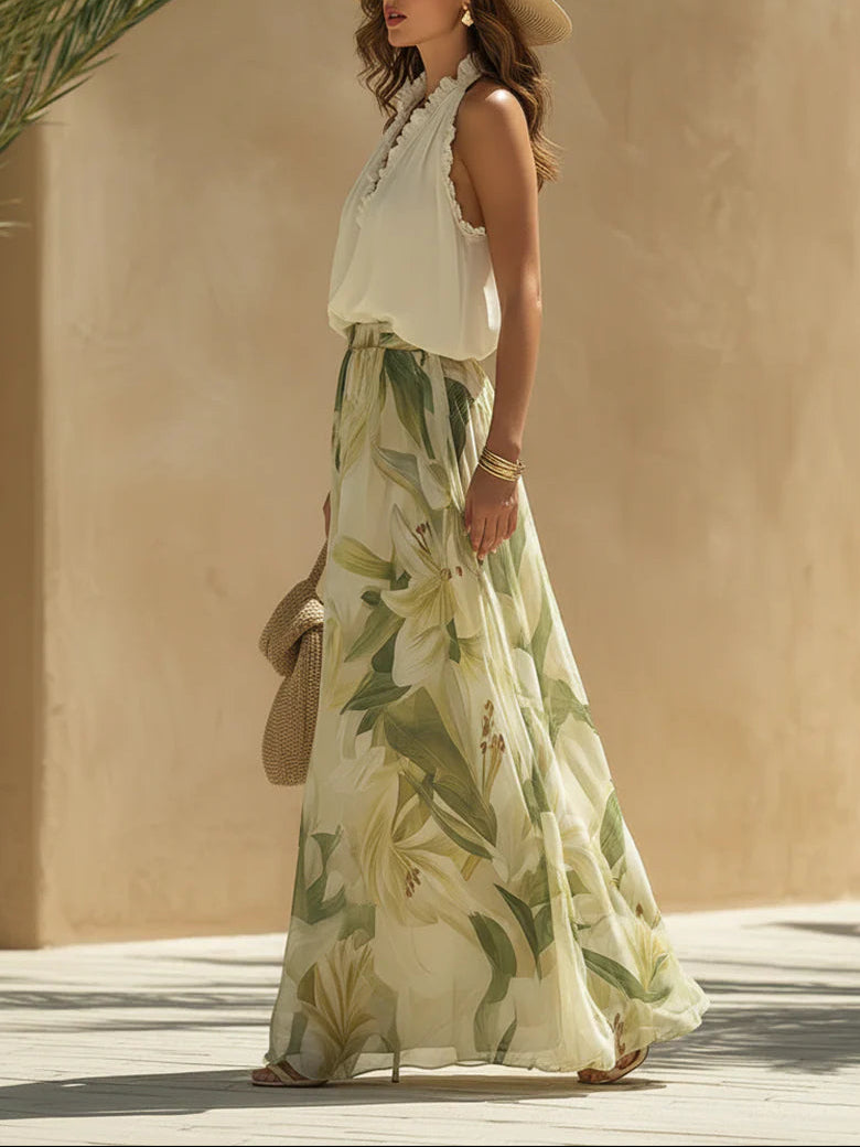 Alessandra | Chiffon Ruffle Top Print Trouser Set