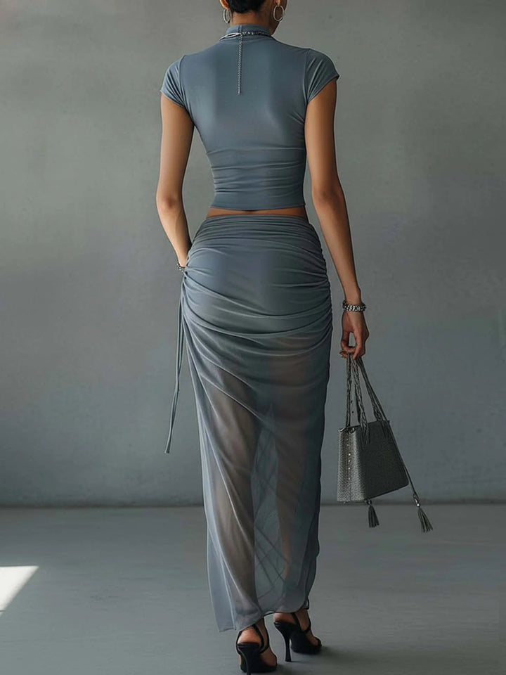 Noor | Cropped Tee &amp; Sheer Draped Skirt Set