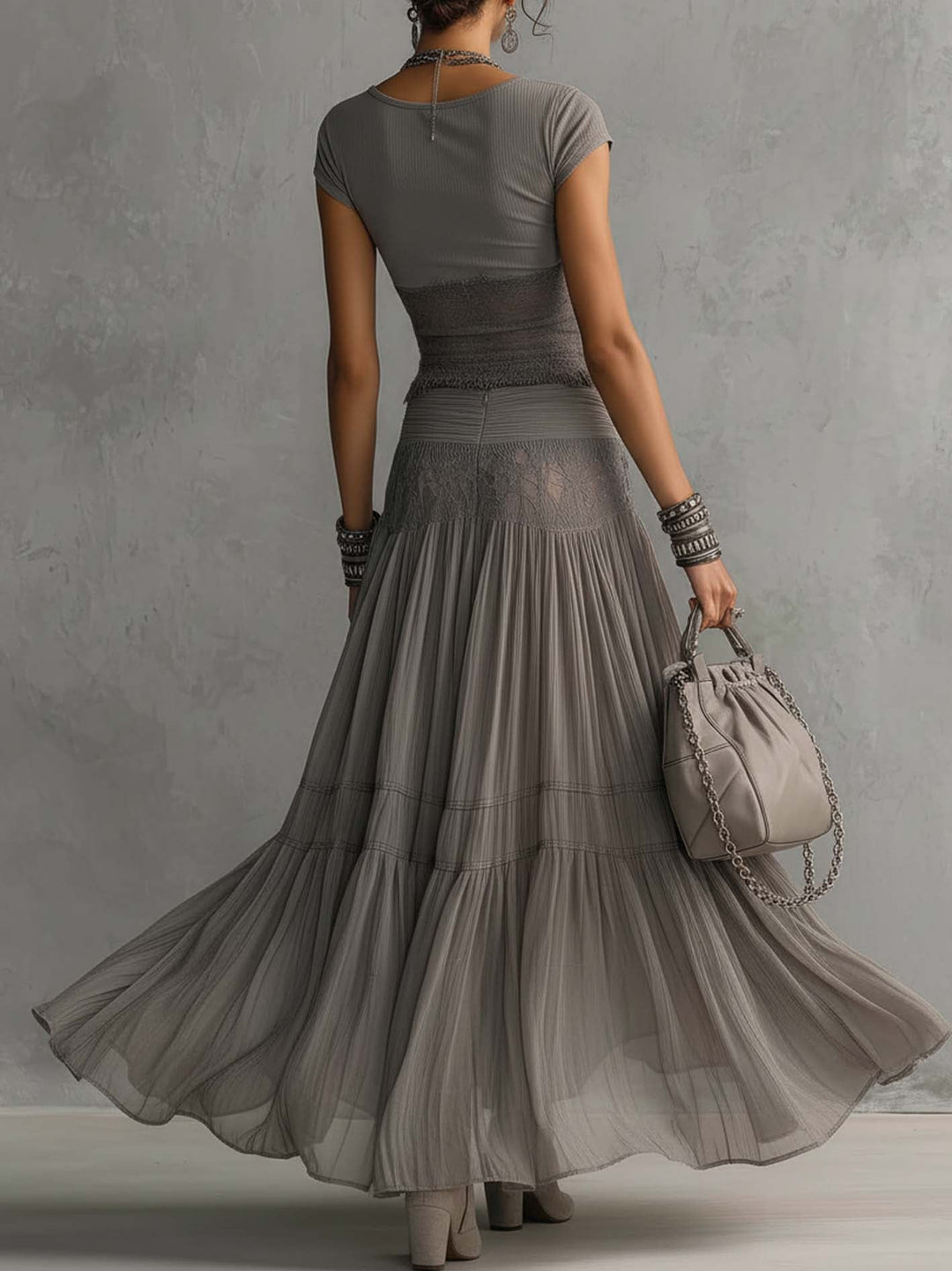 Vesper | Lace-Paneled Top &amp; Pleated Maxi Skirt Set