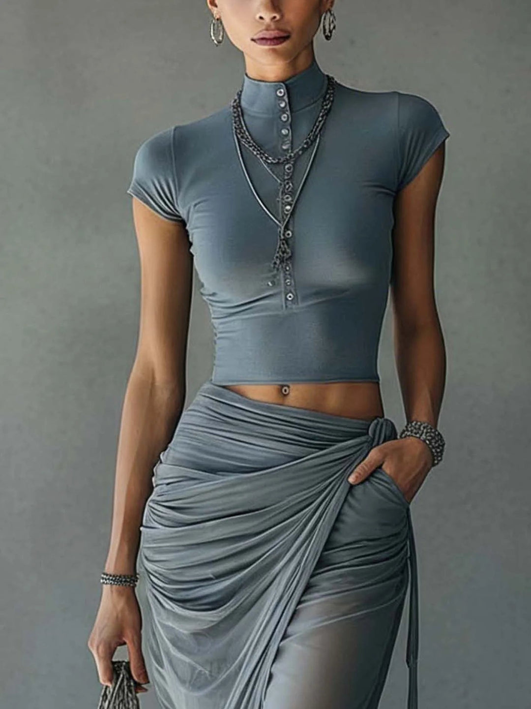 Noor | Cropped Tee &amp; Sheer Draped Skirt Set