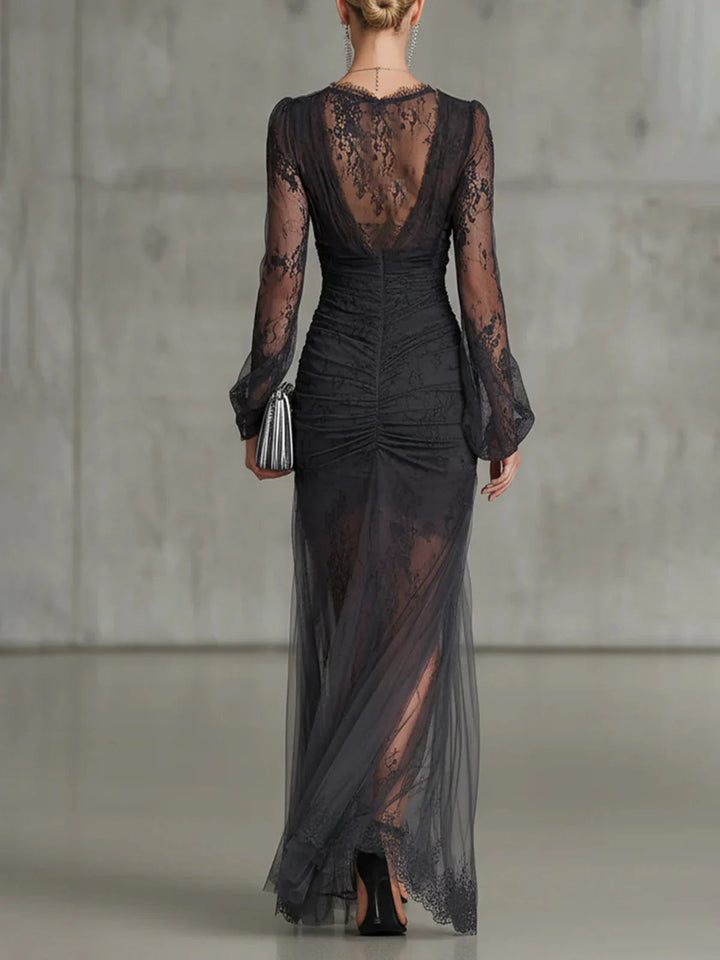 Adelaide | Lace Ruched Sheer-Sleeve Slit Maxi Dress