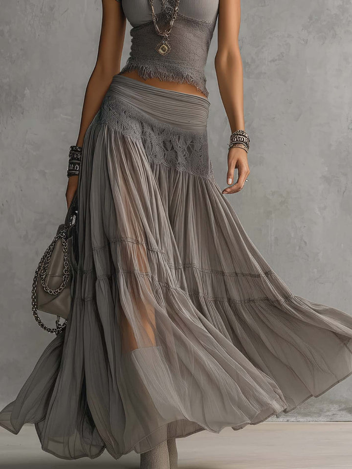 Vesper | Lace-Paneled Top &amp; Pleated Maxi Skirt Set