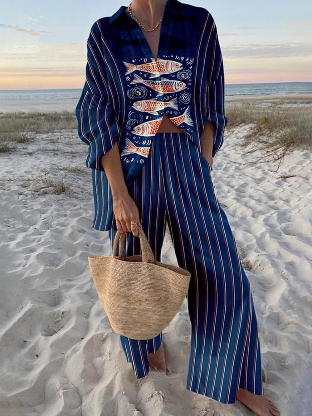 Mae | Island Style Ocean Print Oversized Shirt and Elastic Waist Pocket Pants Set