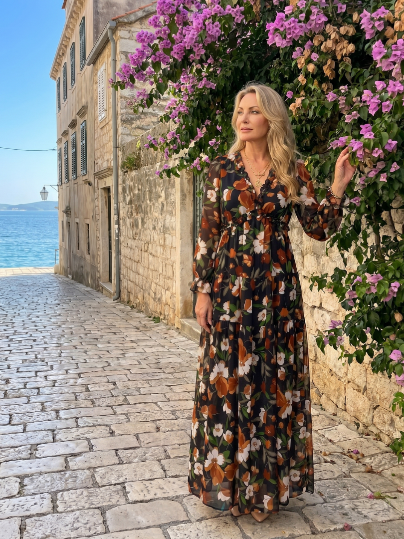 Camelo | Floral Print Long Sleeve Tiered Maxi Dress