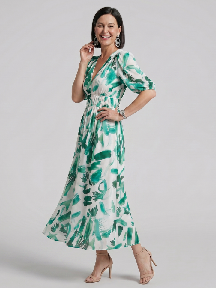 Candlia | Puff Sleeve V-Neck Abstract Print Midi Dress