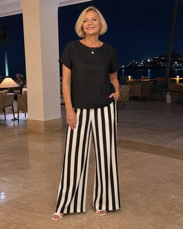 Miolna | Linen Blend Top And Striped Wide Leg Pants Set