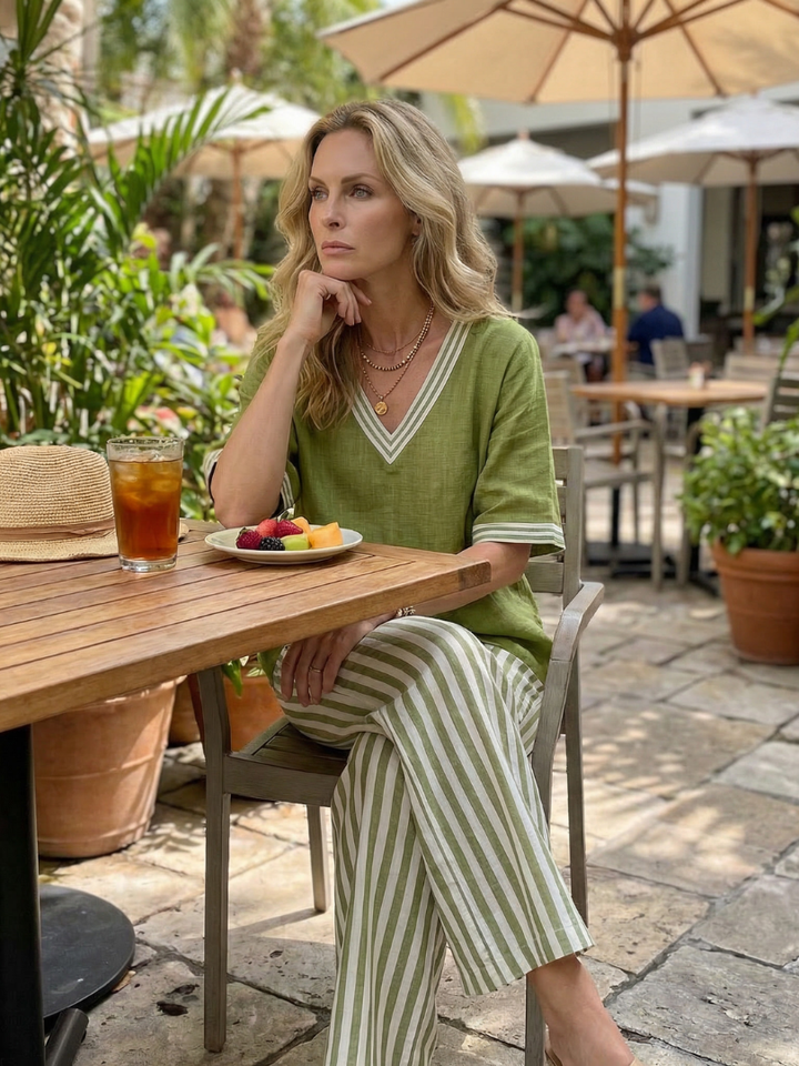 Wren | Contrast V-Neck Tunic Stripe Trouser Set