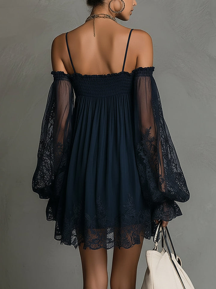 Betty | Navy Off-Shoulder Chiffon Mini Dress