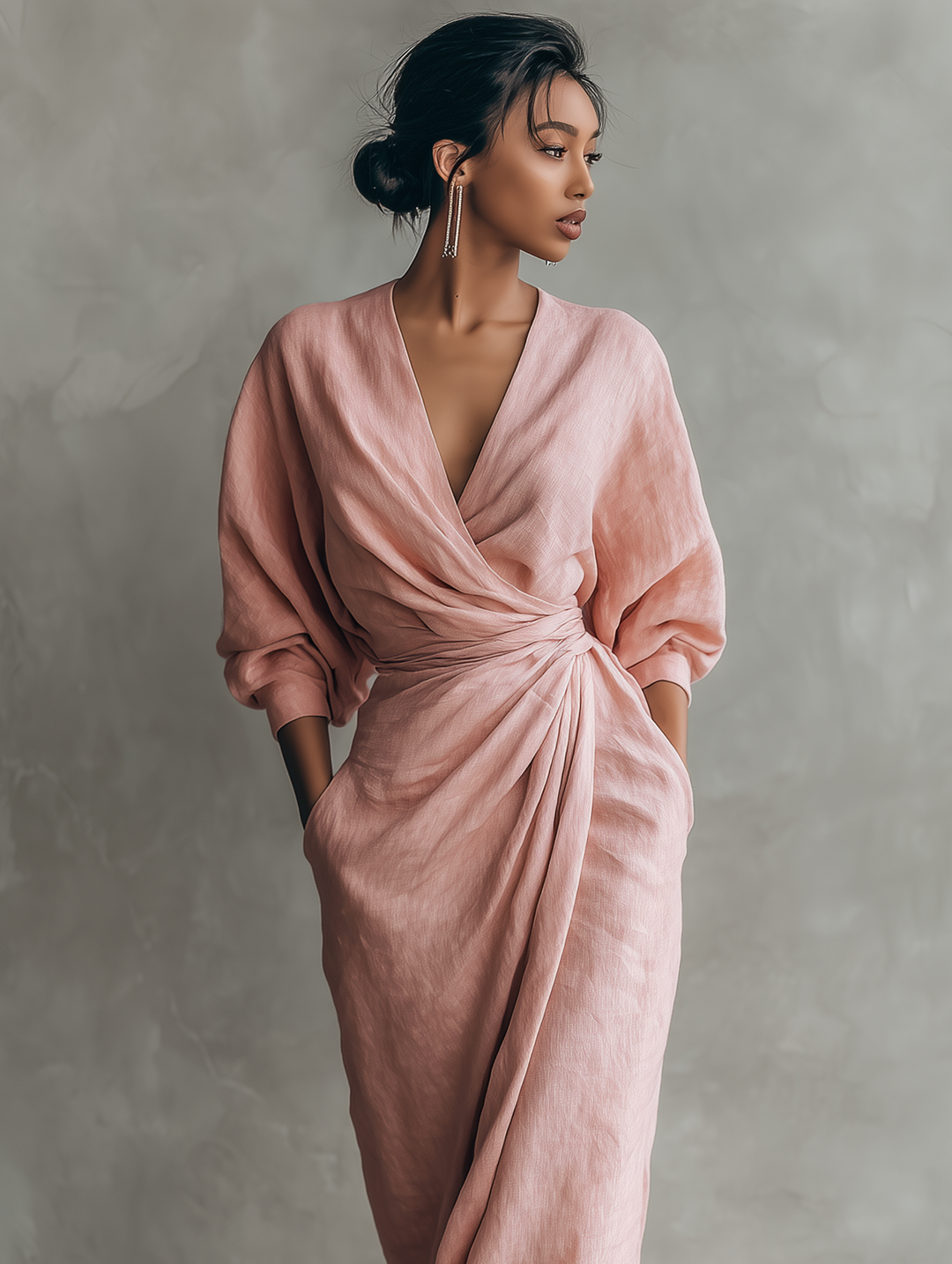 Pink Minimalist Maxi Dress with V-Neck for Women