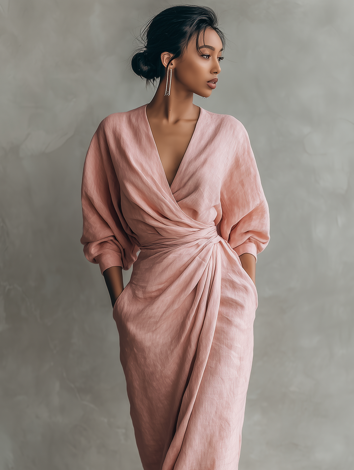 Pink Minimalist Maxi Dress with V-Neck for Women