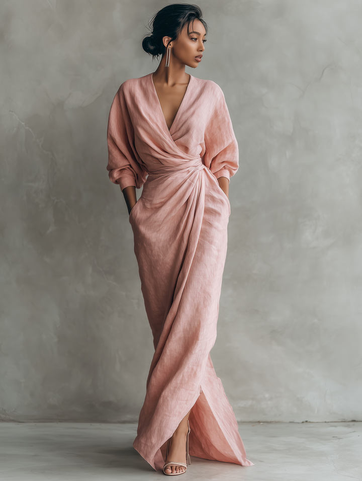 Pink Minimalist Maxi Dress with V-Neck for Women