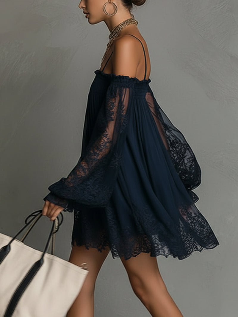 Betty | Navy Off-Shoulder Chiffon Mini Dress