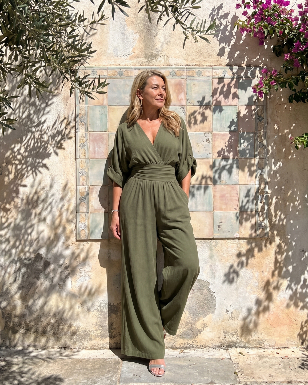 Emene | Draped V-Neck Wide Leg Relaxed Jumpsuit