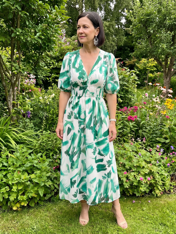 Candlia | Puff Sleeve V-Neck Abstract Print Midi Dress