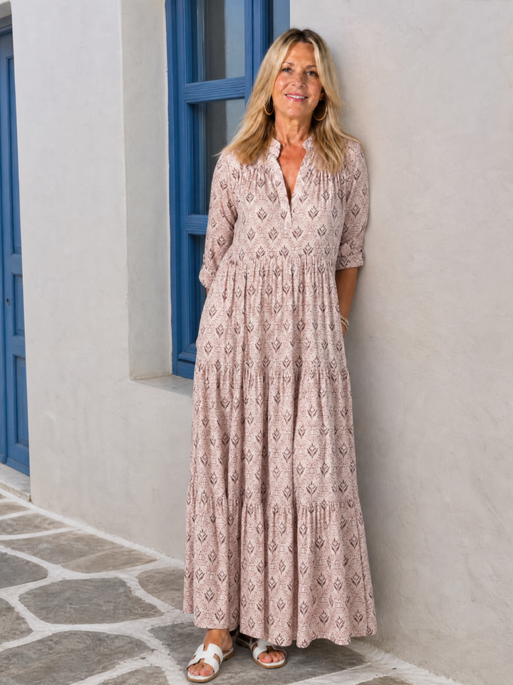 Zirelle | Printed Roll Sleeve Maxi Dress