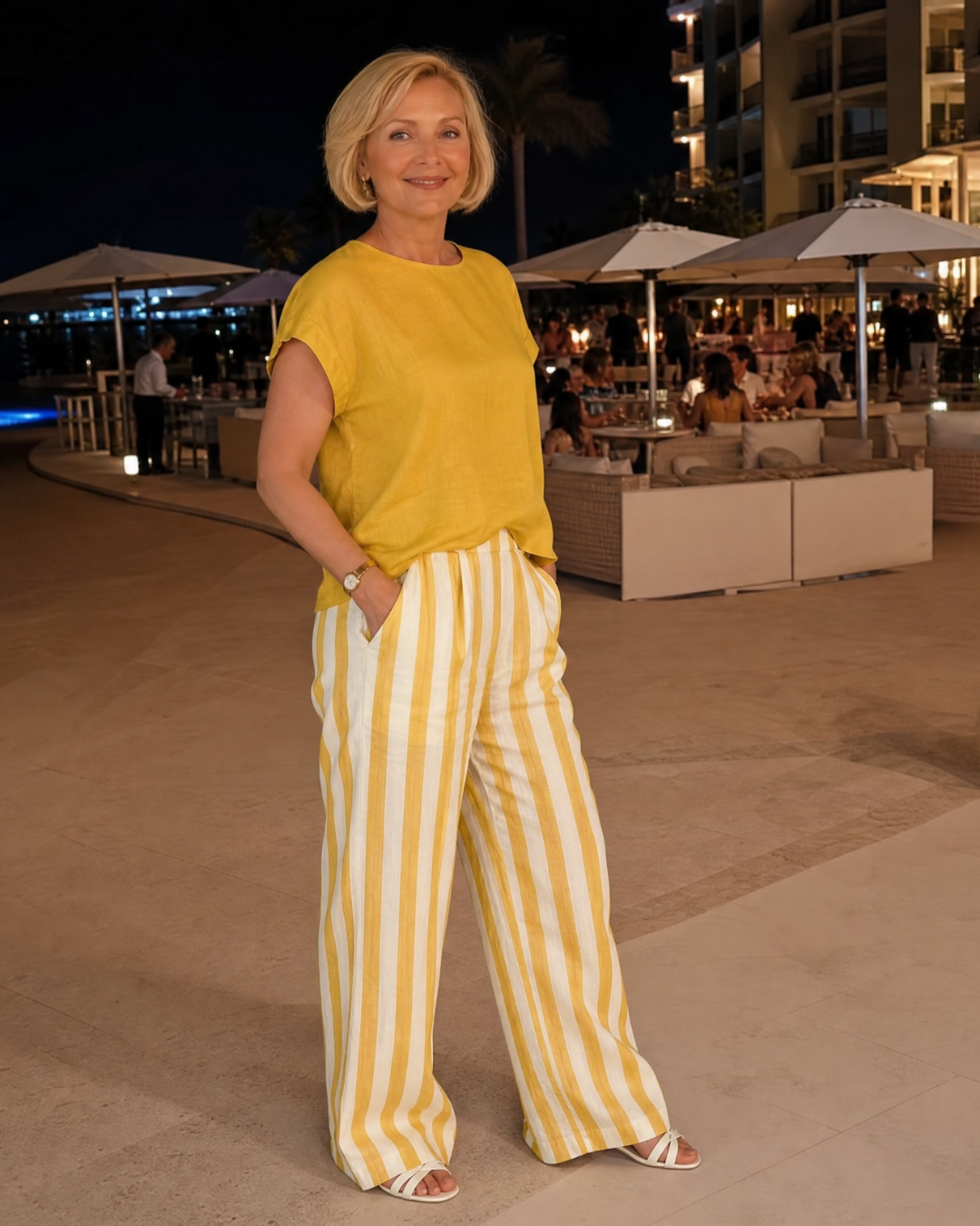 Miolna | Linen Blend Top And Striped Wide Leg Pants Set