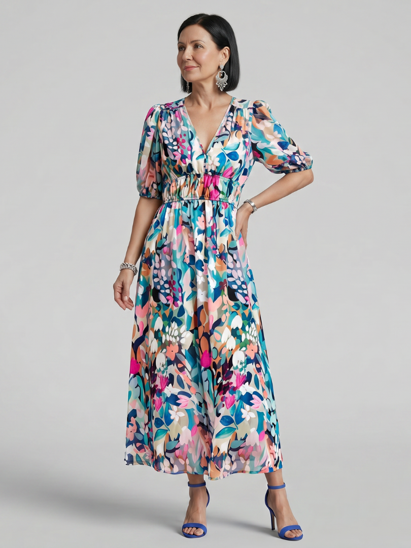 Candlia | Puff Sleeve V-Neck Abstract Print Midi Dress