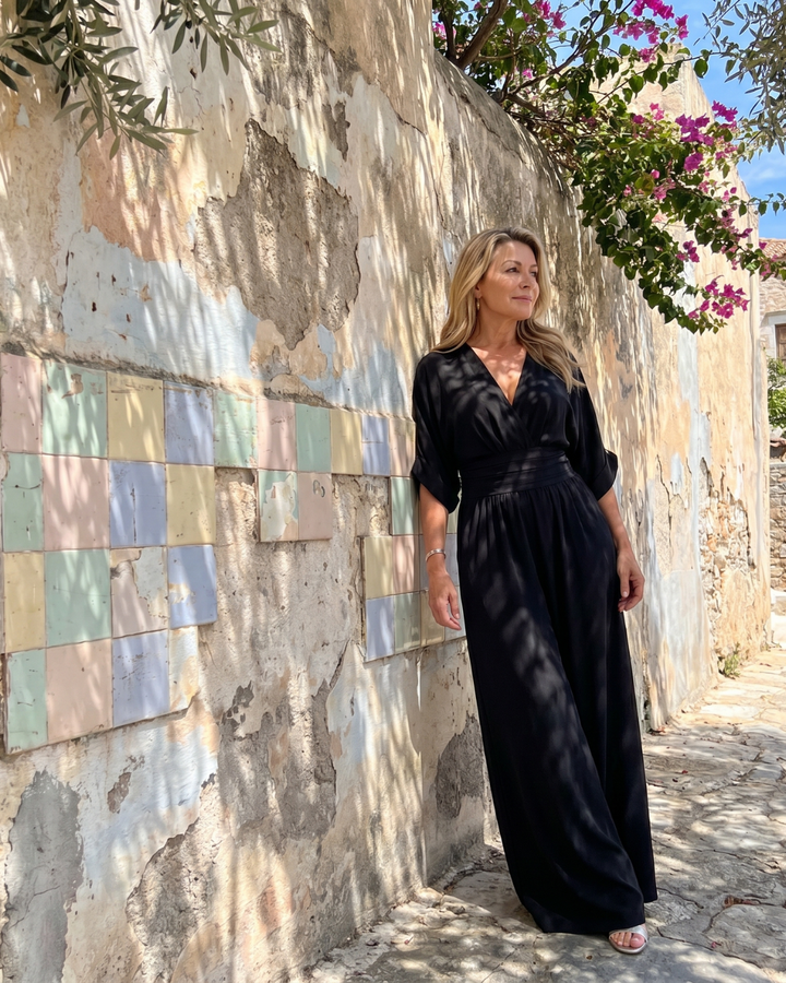 Emene | Draped V-Neck Wide Leg Relaxed Jumpsuit