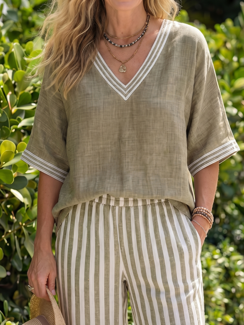 Wren | Contrast V-Neck Tunic Stripe Trouser Set