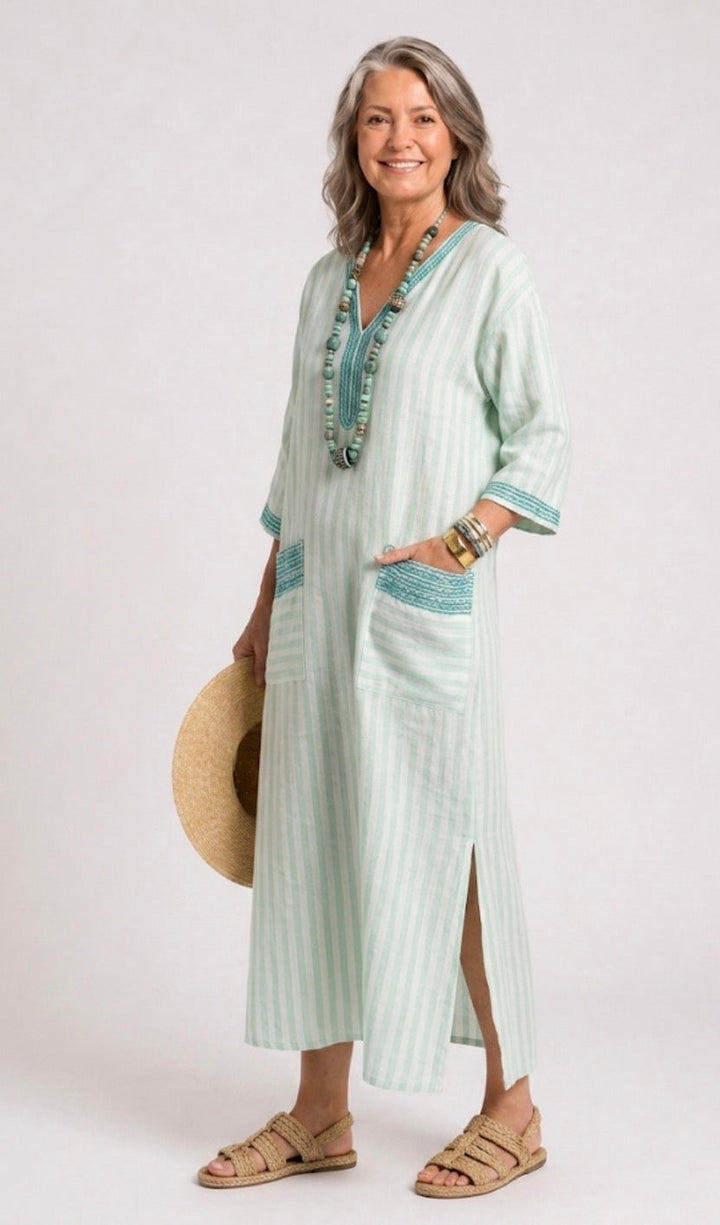 Velis | Striped V-Neck Pocket Midi Dress