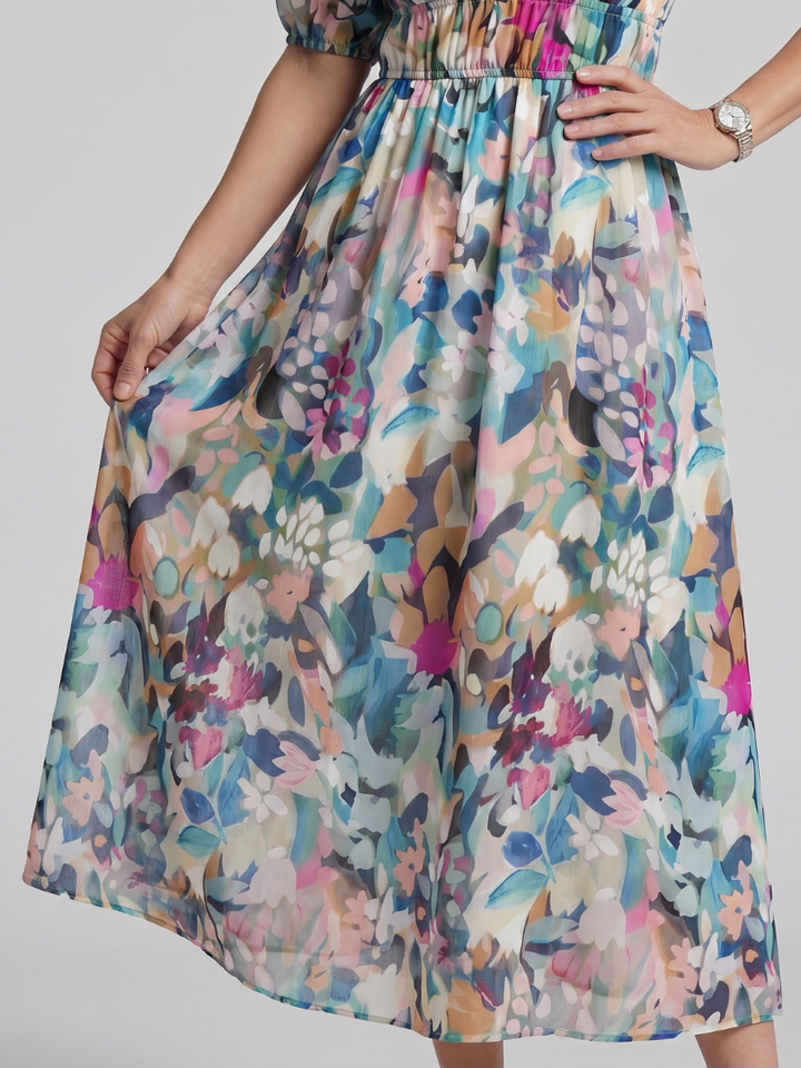 Candlia | Puff Sleeve V-Neck Abstract Print Midi Dress
