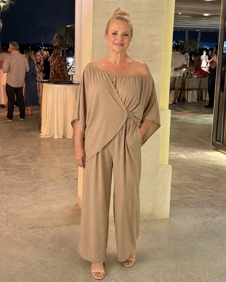 Vemrina | Draped Off Shoulder Top And Wide Leg Pants Set