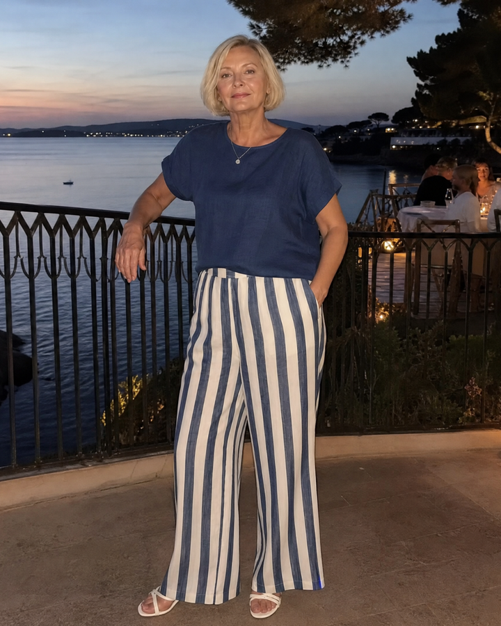 Miolna | Linen Blend Top And Striped Wide Leg Pants Set