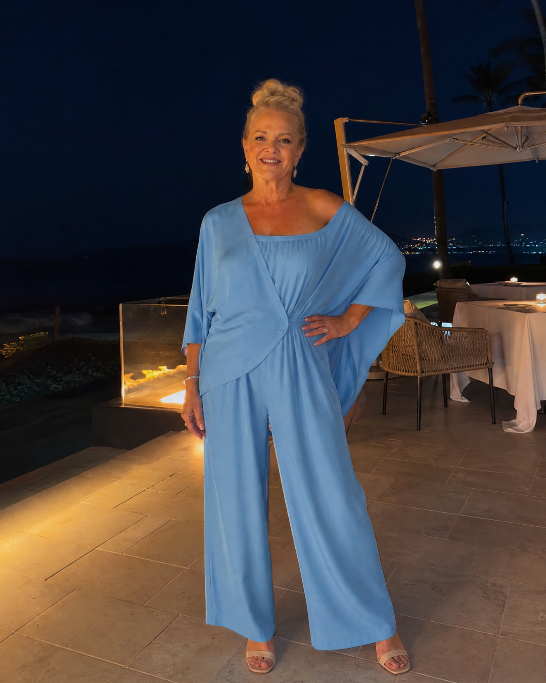Vemrina | Draped Off Shoulder Top And Wide Leg Pants Set