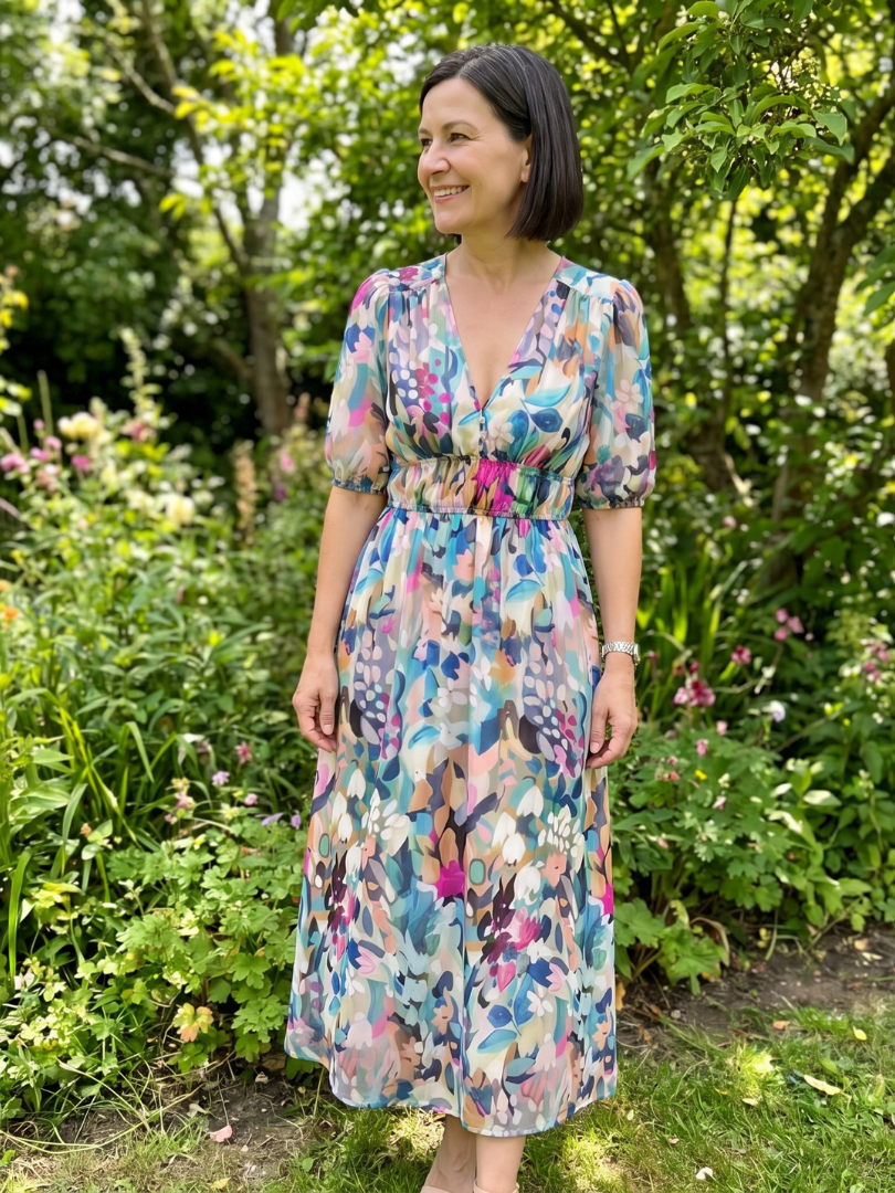 Candlia | Puff Sleeve V-Neck Abstract Print Midi Dress