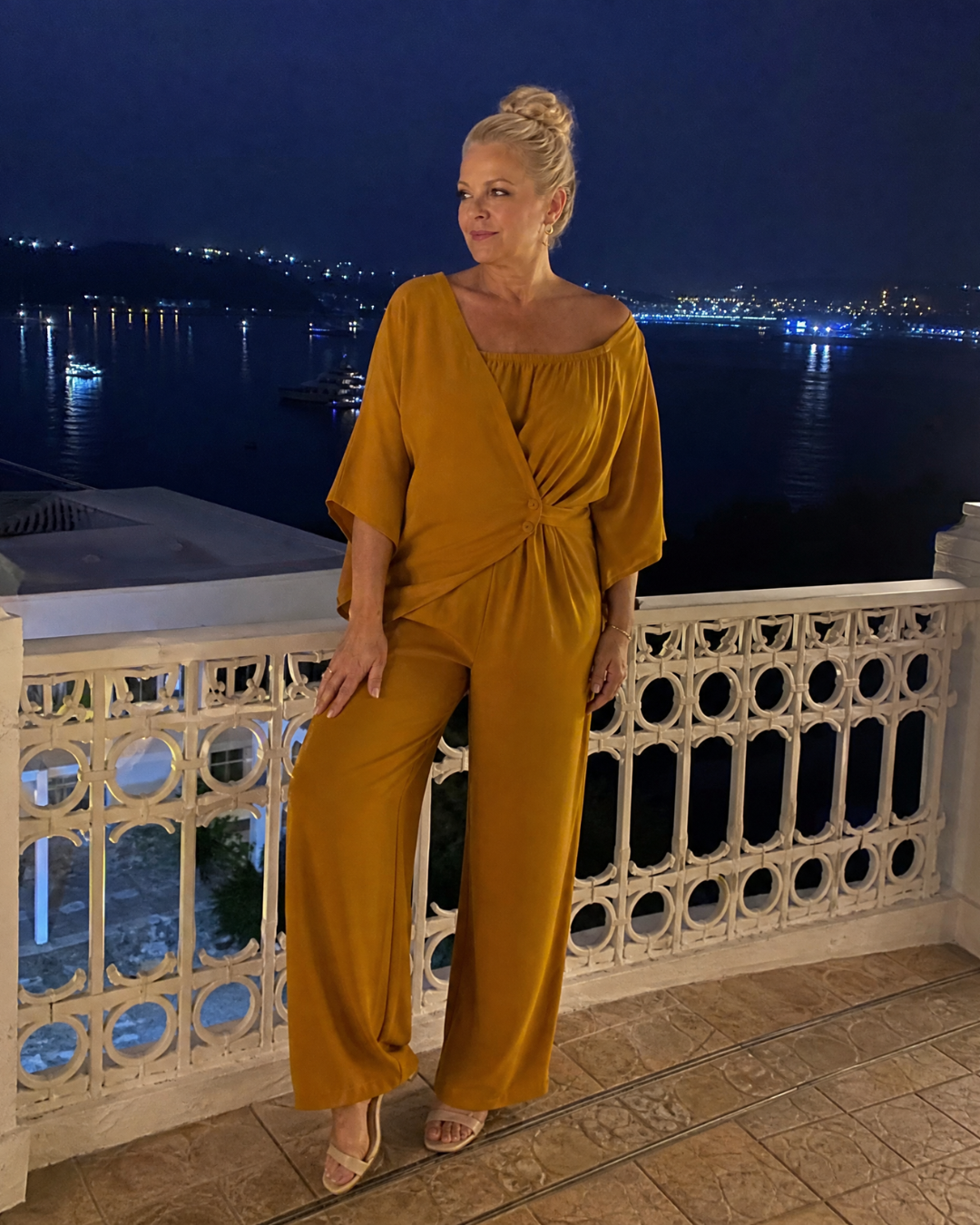 Vemrina | Draped Off Shoulder Top And Wide Leg Pants Set