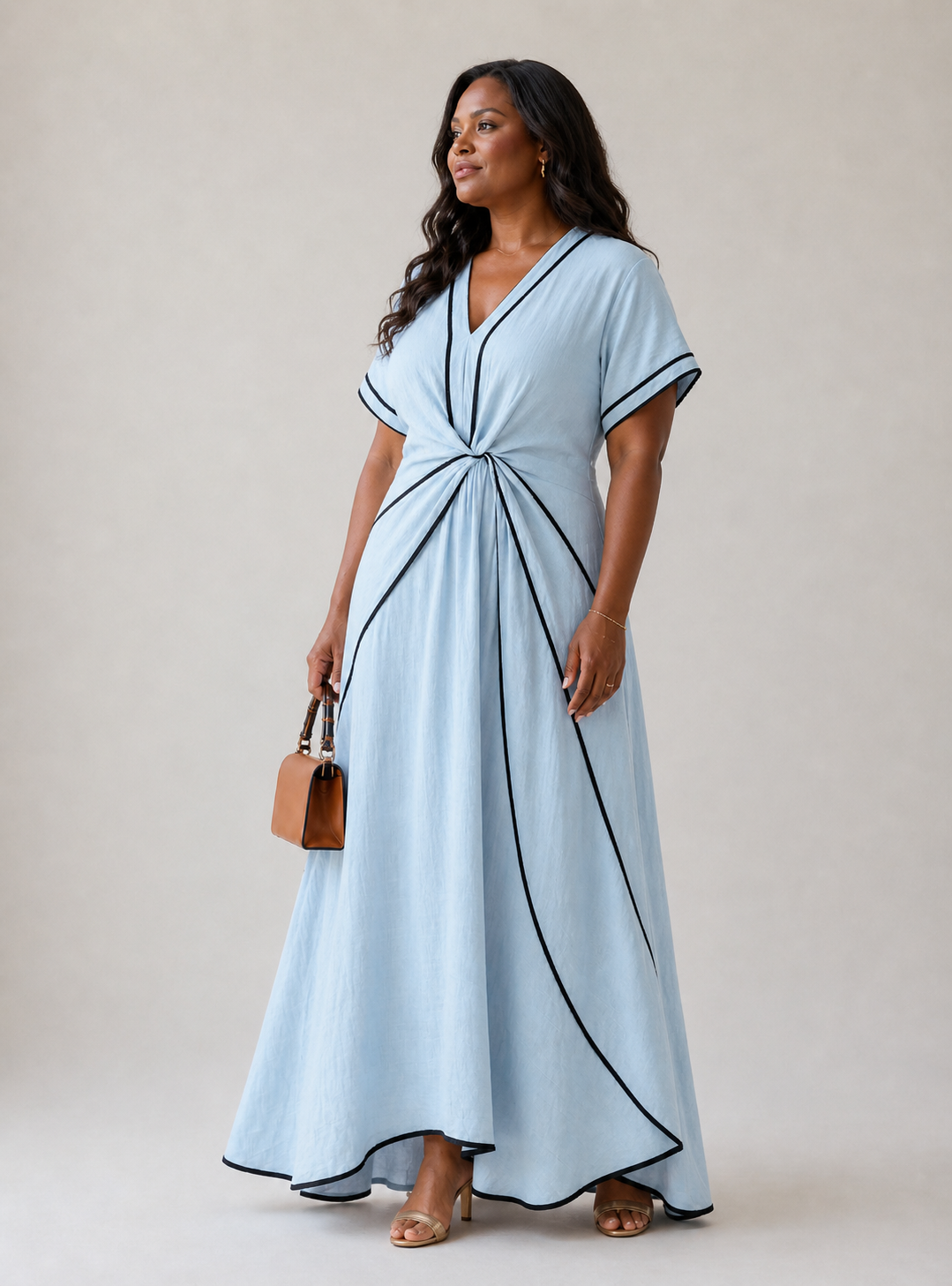 Linnea | V-Neck Short Sleeve Gathered Waist Midi Dress