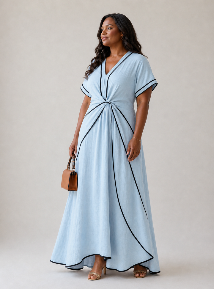 Linnea | V-Neck Short Sleeve Gathered Waist Midi Dress