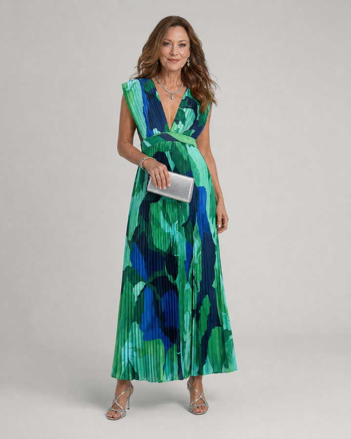 Omnios | Abstract Pleated Cap Sleeve V-Neck Midi Dress