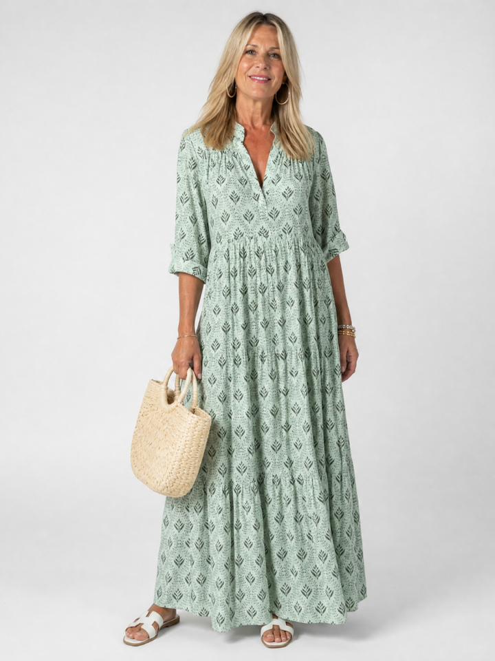 Zirelle | Printed Roll Sleeve Maxi Dress
