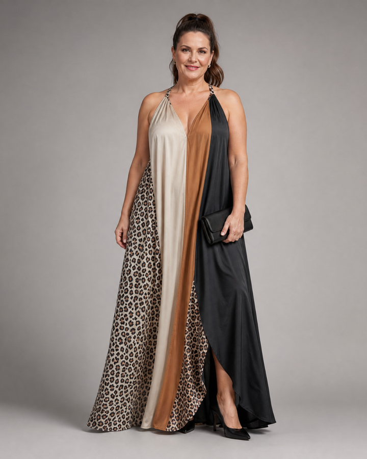 Zephielle | Colour Block Animal Print Halter Flowing Maxi Dress