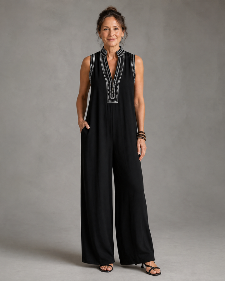 Velmira | Embroidered V-Neck Sleeveless Wide Leg Jumpsuit