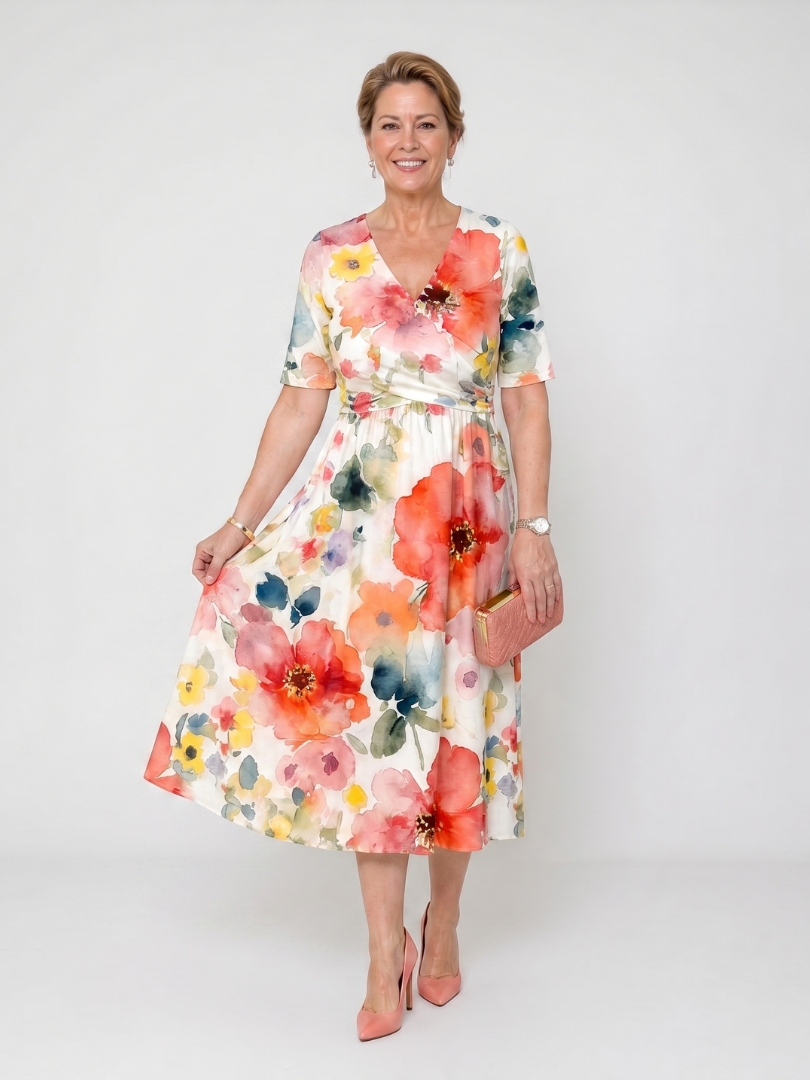 Corinne | Floral Print Short Sleeve V-Neck Midi Dress