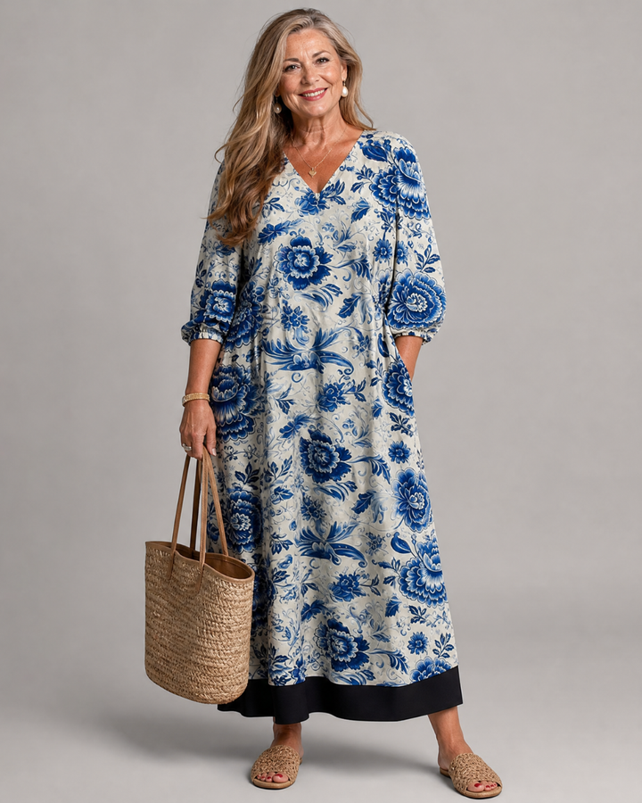 Celope | Blue Porcelain Floral Pocket Detail Midi Dress