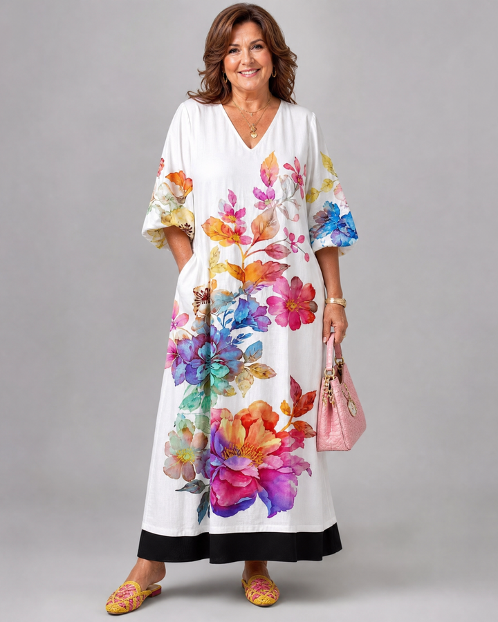 Florienne | Watercolor Bloom Print Flowing Pocket Midi Dress