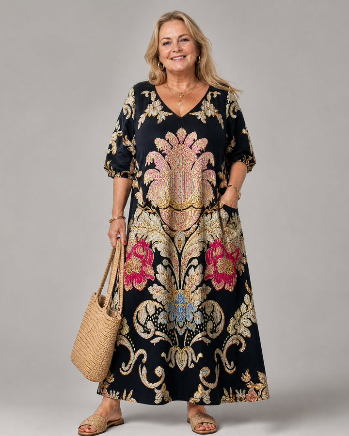 Evarose | Ornate Vintage Print Three Quarter Sleeve Midi Dress
