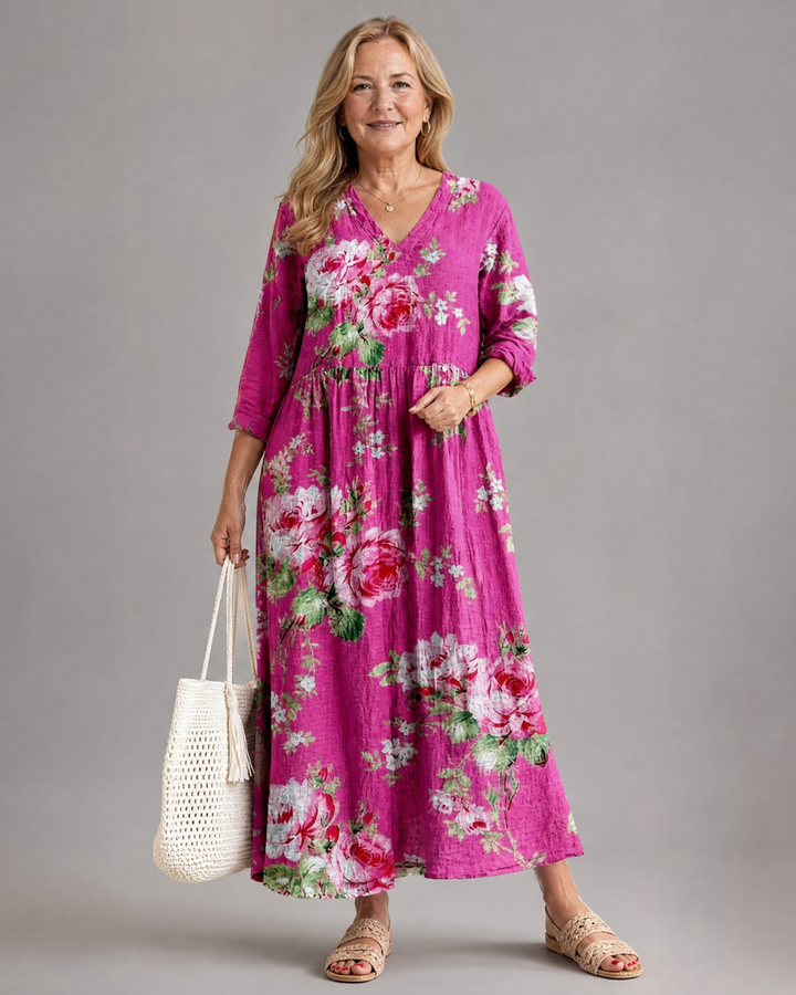 Rosavelle | Vintage Rose Print Gathered Waist Midi Dress