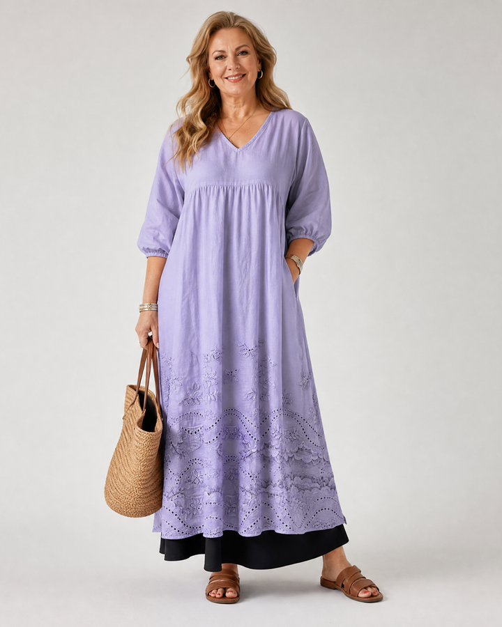 Evelene | Embroidered Hem Everyday Pocket Midi Dress