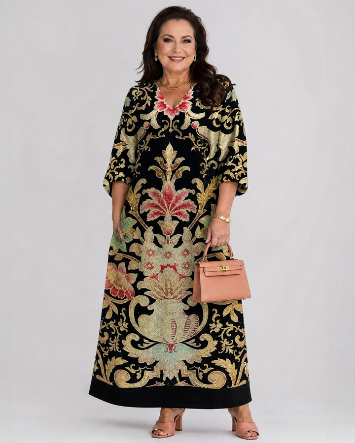 Thymera | Vivid Vintage Pattern Pocket Detail Midi Dress