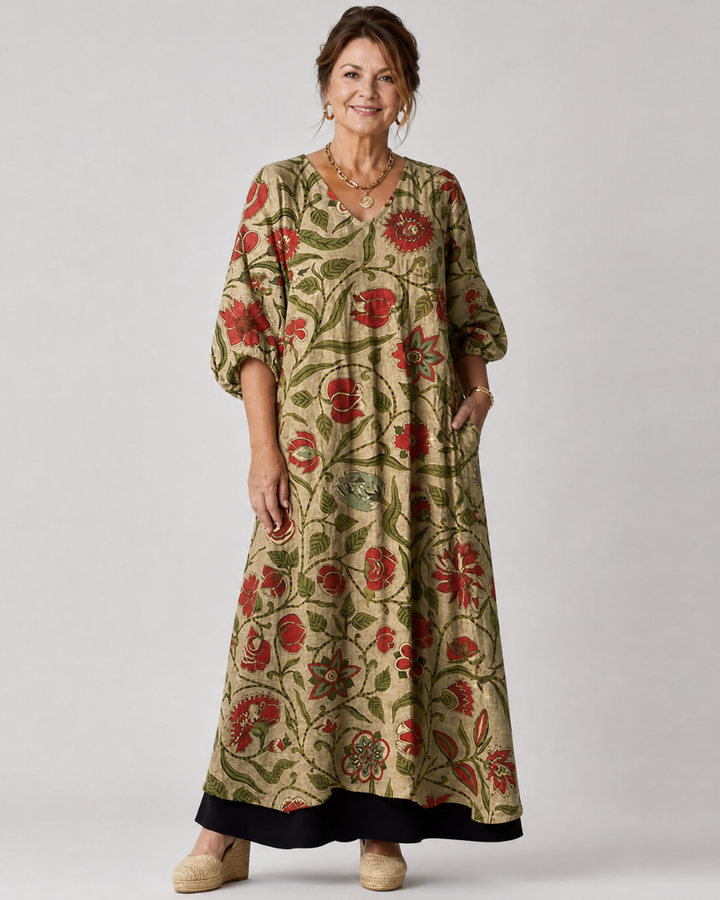 Rimla | Botanical Print Relaxed Three Quarter Sleeve Midi Dress