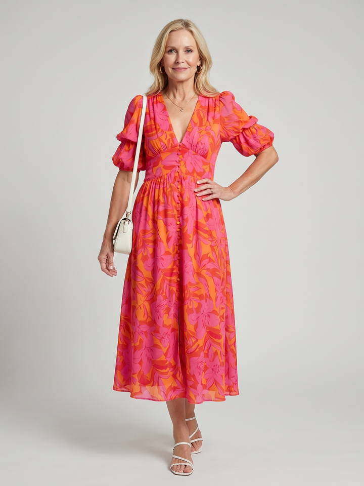 Zarelle | Puff Sleeve V-Neck Bold Floral Print Midi Dress