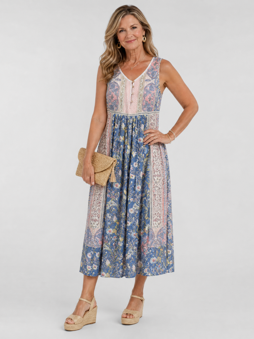 Lemez | Mixed Floral Sleeveless Button Detail Midi Dress