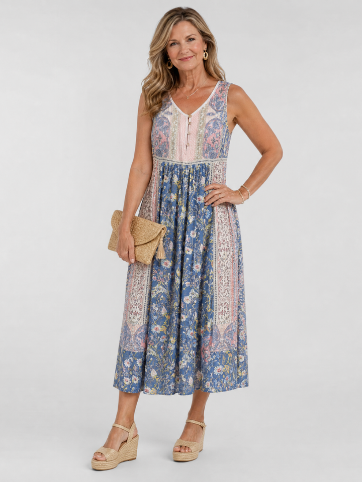 Lemez | Mixed Floral Sleeveless Button Detail Midi Dress