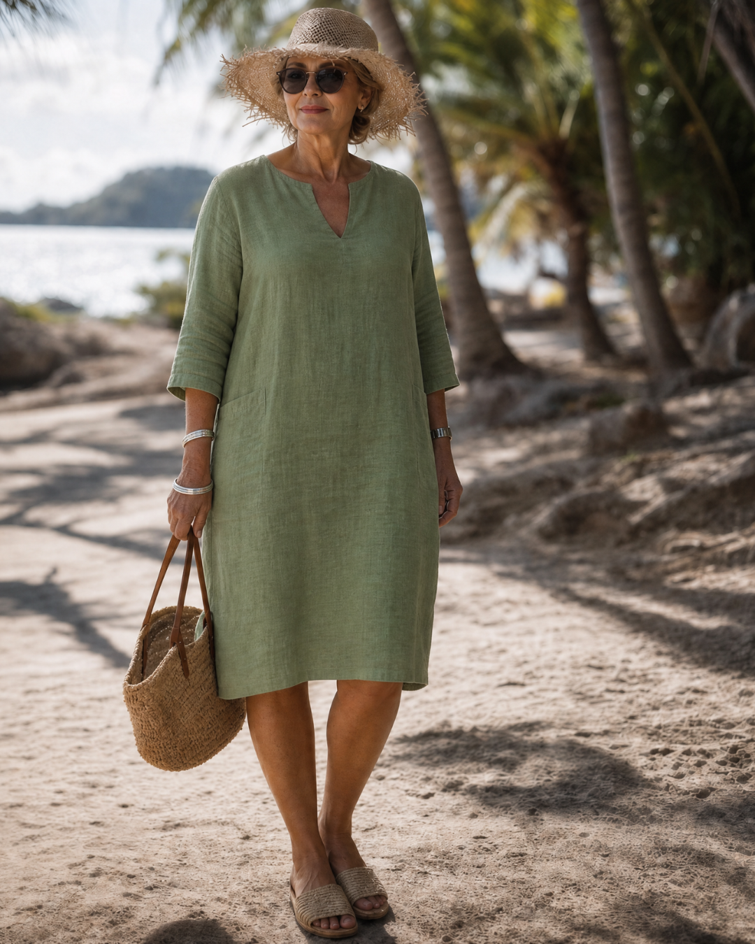 Elixir | Textured V-Neck Three Quarter Sleeve Knee Length Dress