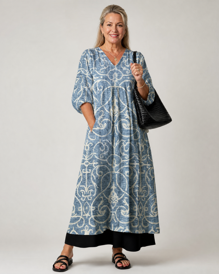 Lumera | Vintage Scroll Print Soft Drape Midi Dress